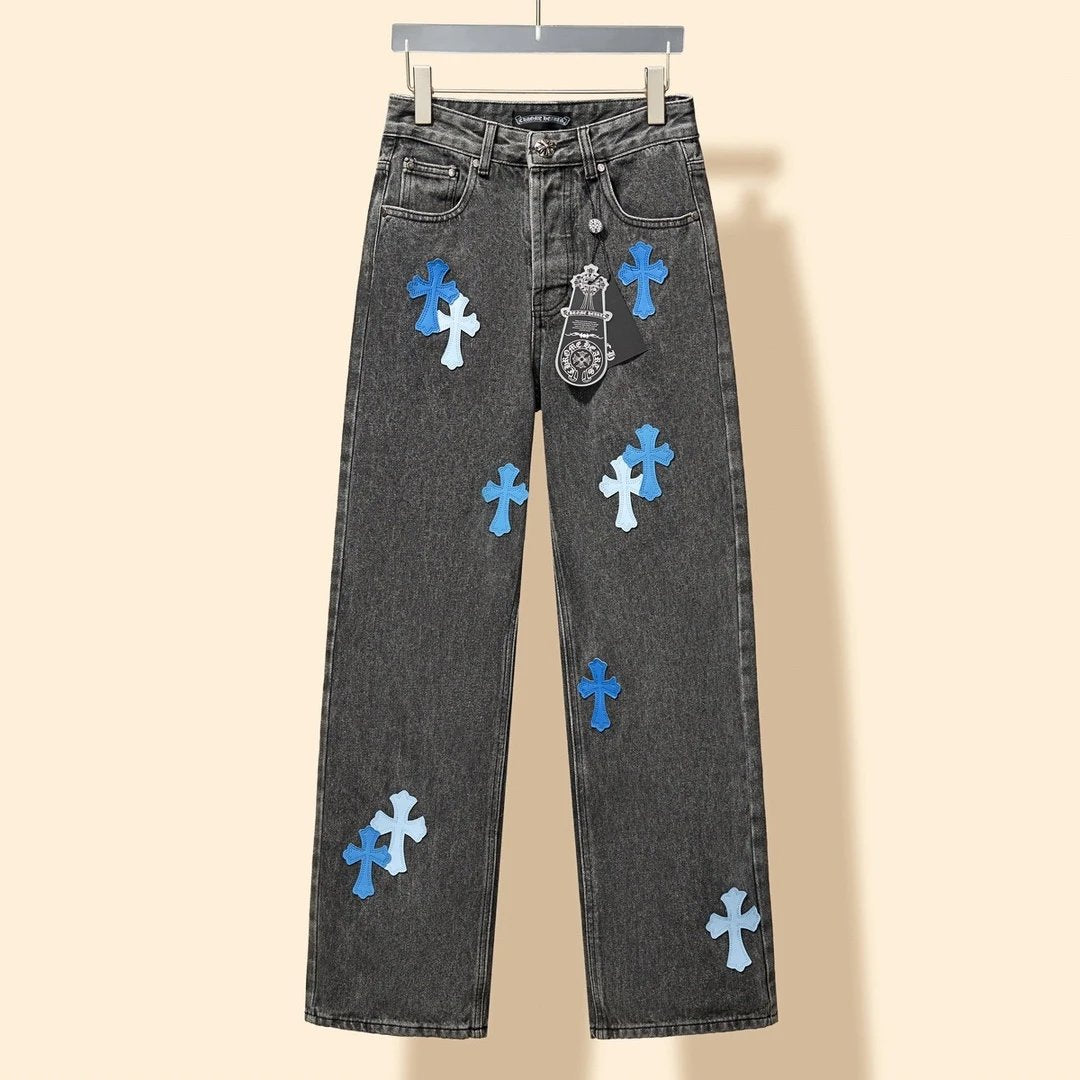 Chrome Hearts Jeans 24Classic Ice Lake Blue Matching Color Cross Denim Trousers Black Gray Wash Men and Women Same Casual Loose All-Match