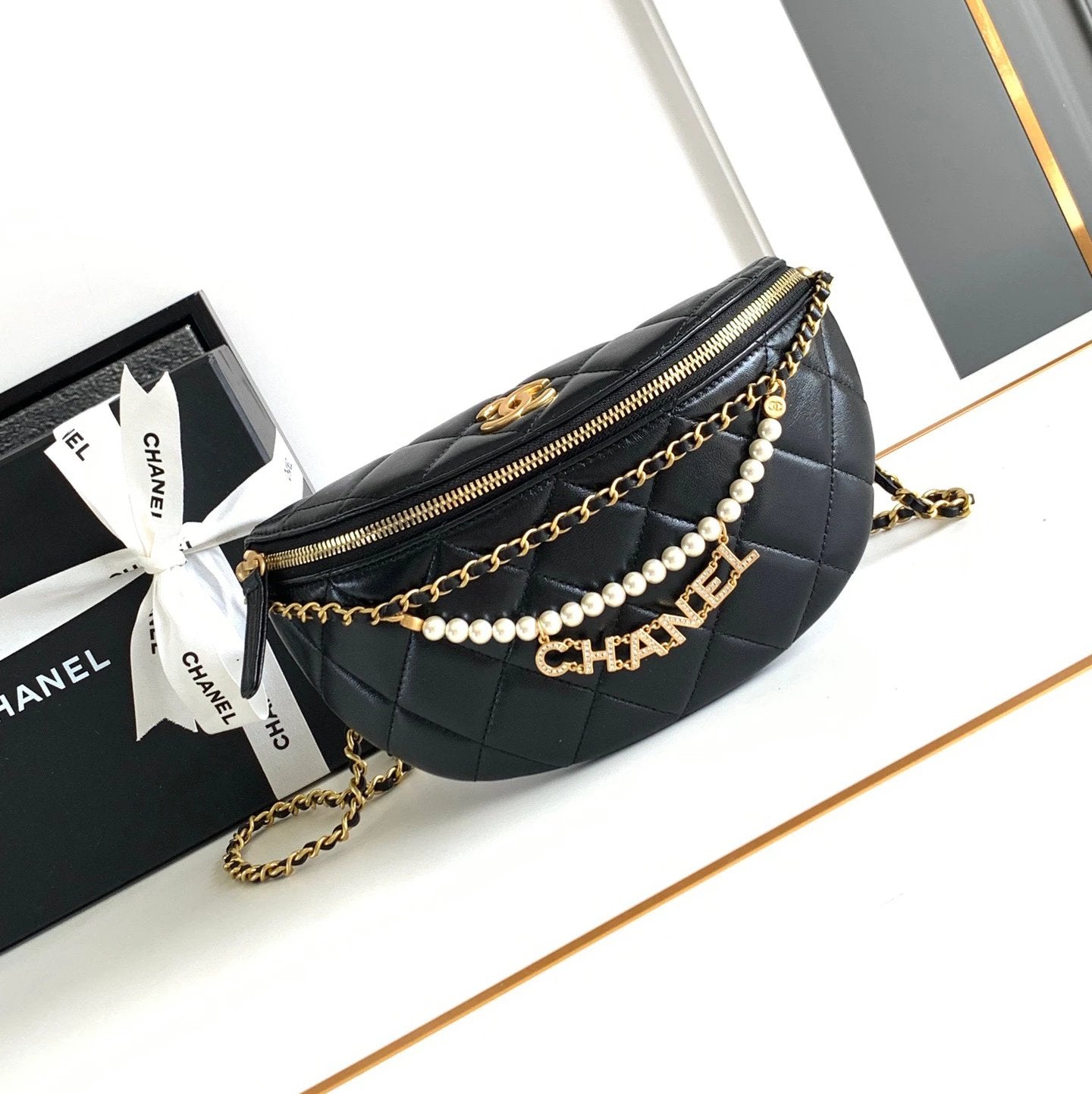 Chanel Women's Bag Top version 【Original Version】/24A Pearl Chain Chest Bag Pearl Waist Bag Letter Pendant Pearl Chain Chain Waist Bag Chest Bag Shoulder Bag Women's Chest Bag AS4991