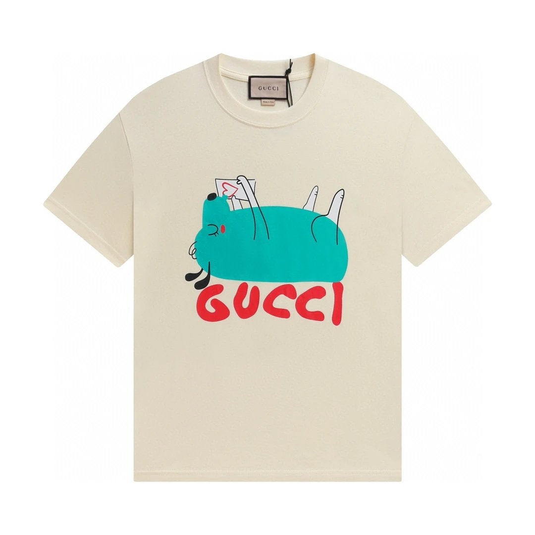 Gucci T-shirt Animal Pattern Print on the Chest logo round Neck Short Sleeve25ss New Pure Cotton Unisex Style T Casual T-Shirt Base Layer Shirt OS Loose Fit Half Sleeve Top Plus Size