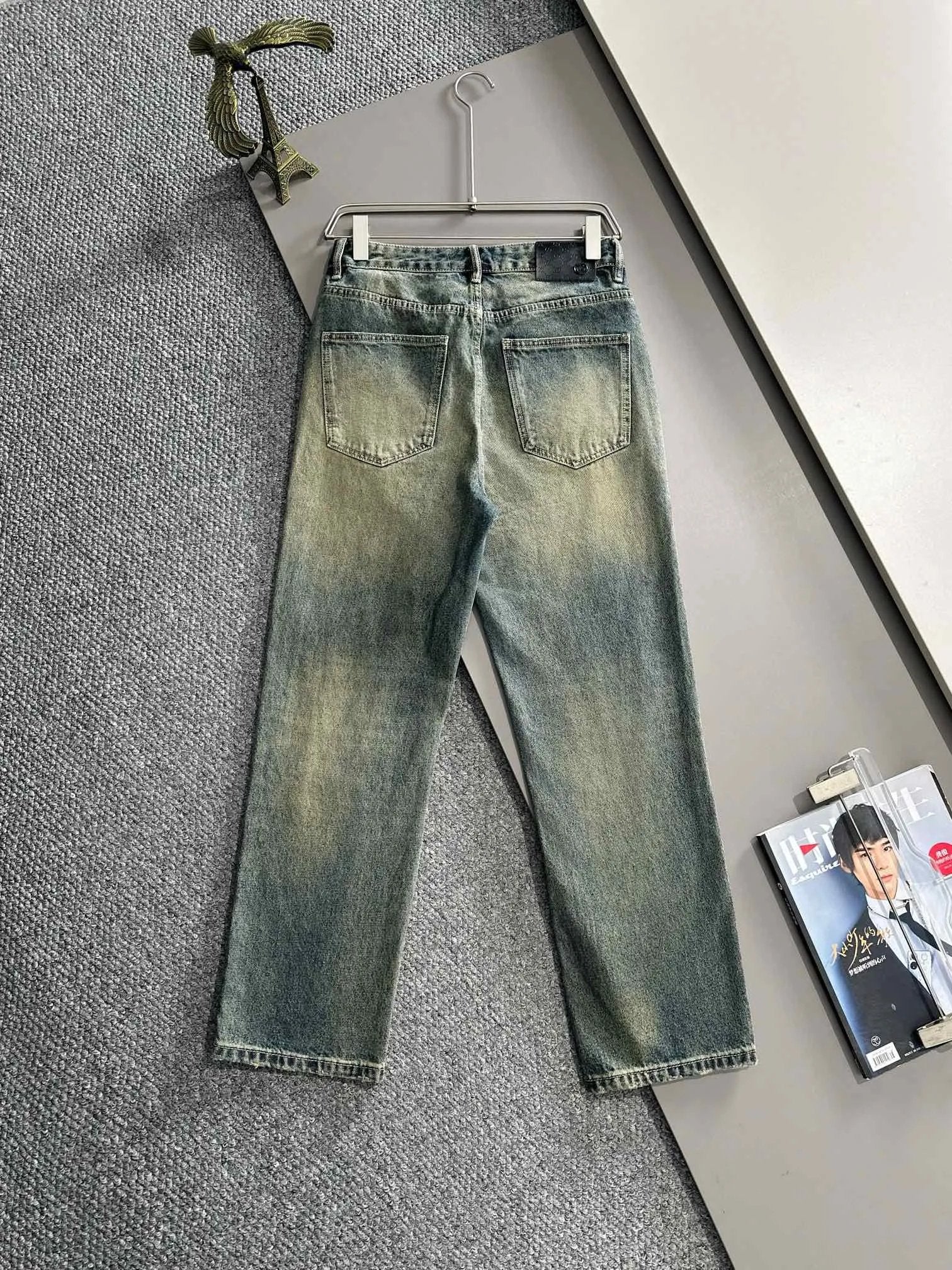 Gucci Jeans Top Version with Holes, No Leaking, Back Waist Leather Label logo Straight Washed Blue Jeans Autumn Winter New Unisex Loose Casual Wide Leg High Waist Pants