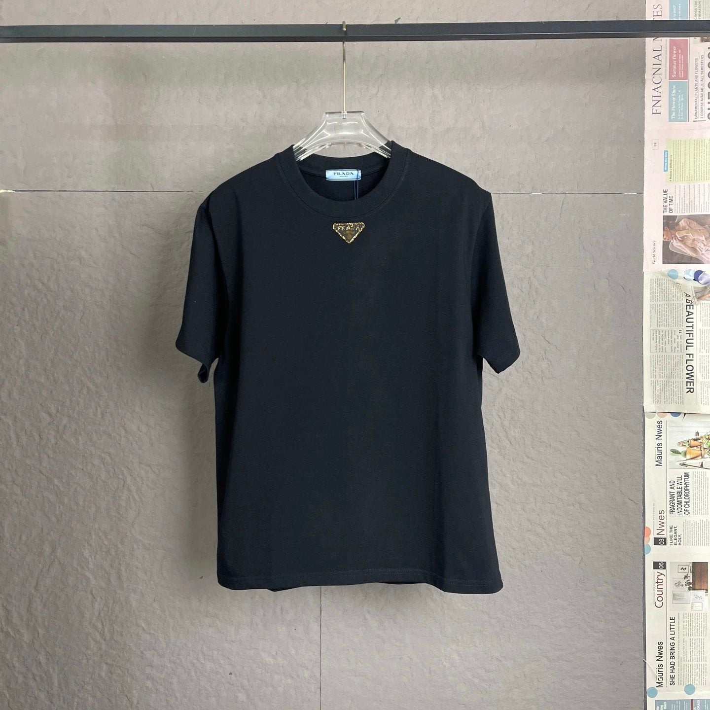 PRADA T-shirt Front Triangle Logo Letter Rhinestone logo round Neck Short Sleeve25ss New Pure Cotton Unisex Style T T-shirt OS Loose Fit Base Shirt Top Half Sleeve T-Shirt