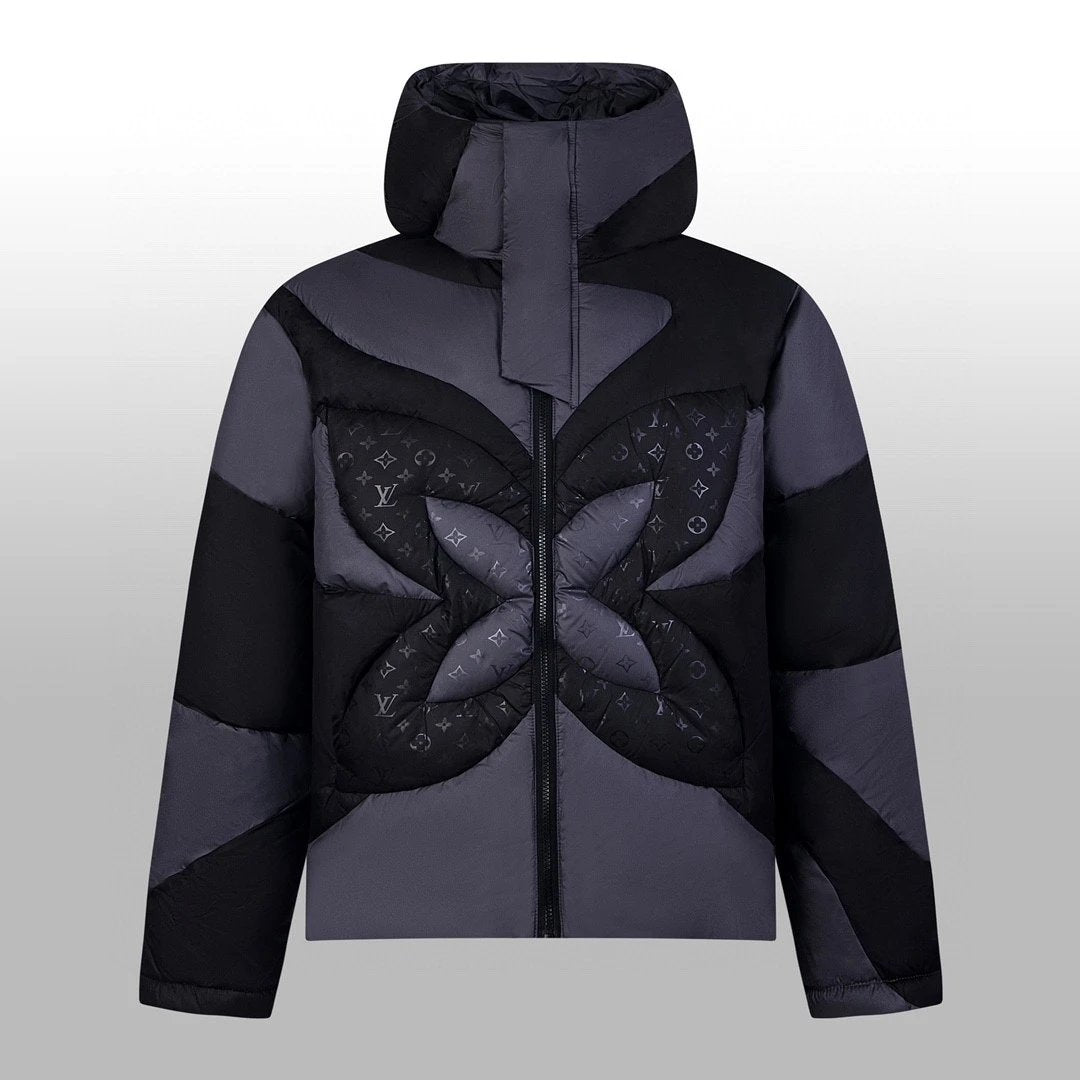 Louis Vuitton LV Down Jacket Direct Injection Printed Patchwork Old Flower Pattern Hooded Down Jacket Unisex Fluffy Hooded Long Sleeve Puffer Jacket Winter Thickened Warm Coat Loose Versatile Fashion