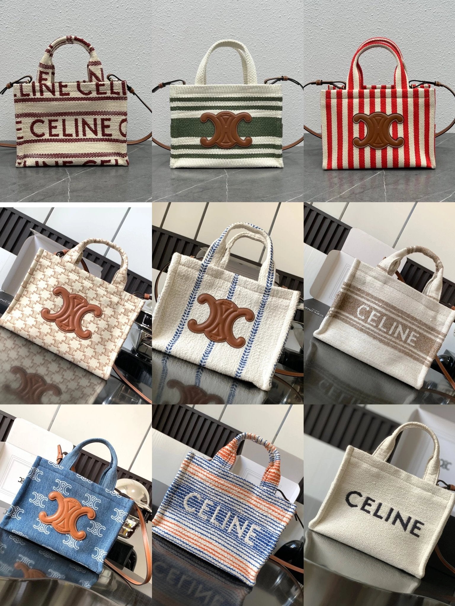 Celine women's bag Top version 【Super Original Leather】New Product cabas Summer Canvas Fabric Beach Bag Towel Series Tote Bag Denim Denim Small Size Tote Bag Large Shopping Bag Mummy Bag Brown Embossed Arc De Triomphe logo New tote Bag199162196762