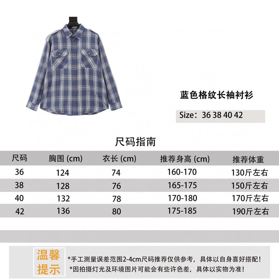 Celine Shirt 24ss Blue Plaid Long-Sleeved Shirt for Men and Women