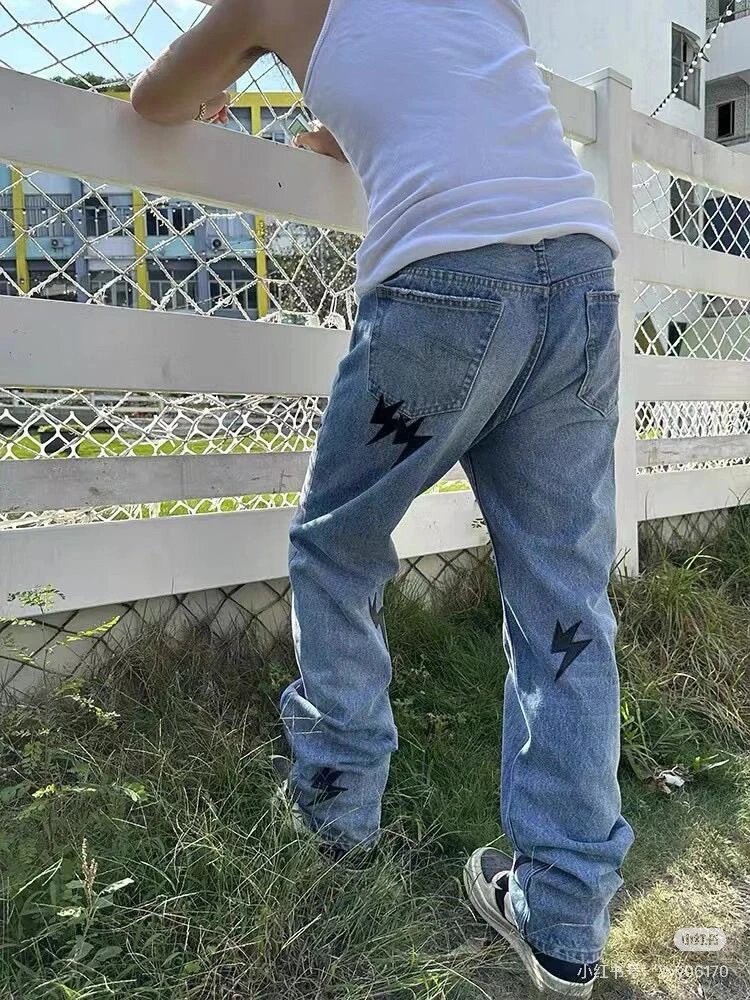 Chrome Hearts Jeans Lightning Cow Patchwork High Street Style Washed Blue Jeans Autumn Winter New Unisex Loose Casual Wide Leg High Waist Pants