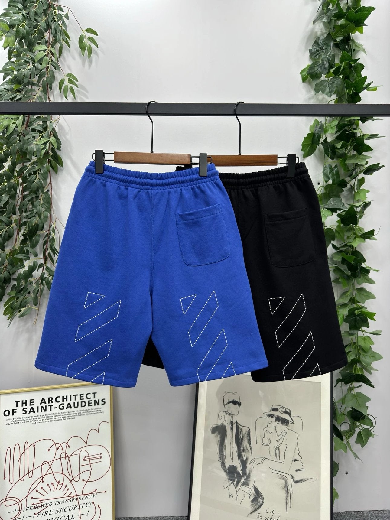 OFF-White Shorts Top Version23SS Embroidered Arrow Shorts Cropped Pants Men's and Women's Same Loose Casual Pants