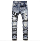 Amiri Jeans New Foreign Trade Style Fashion Blue with Holes Paste Cloth Embroidery Elastic Mid-Waist Feet Men's Jeans