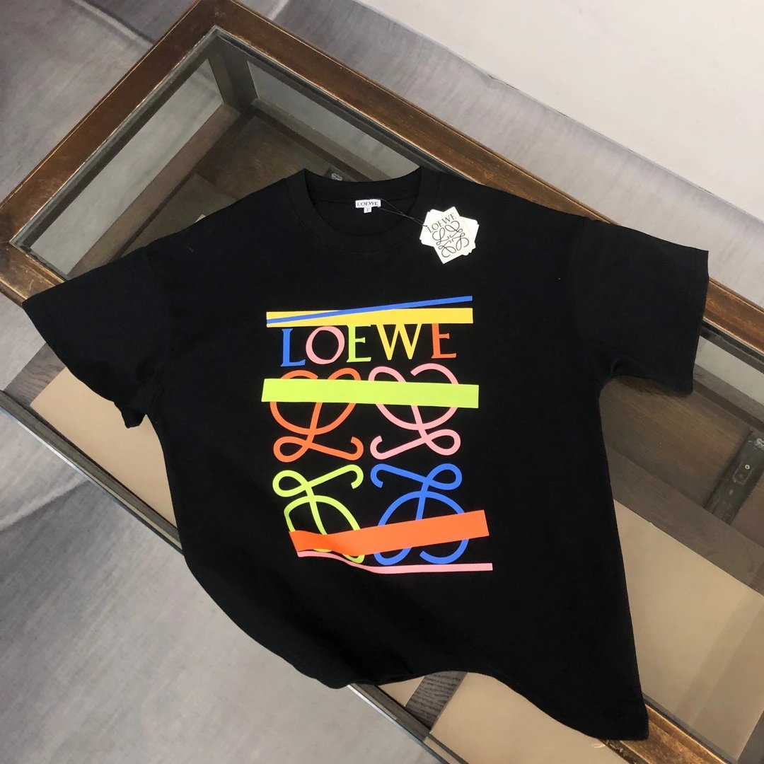 LOEWE T-shirt Colorful Letter Pattern Print on the Chest logo round Neck Short Sleeve25ss New pure cotton T Unisex T-Shirt OS Loose Fit Base Shirt Top Half Sleeve T-Shirt