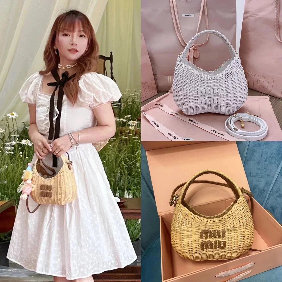 Miu Miu Bag Top version 【Original Quality】2023New Summer Pastoral Vacation Style Woven Vegetable Basket Bag New Portable Shopping Basket Bag Woven Bag Handbag Hobos Dumpling Bag