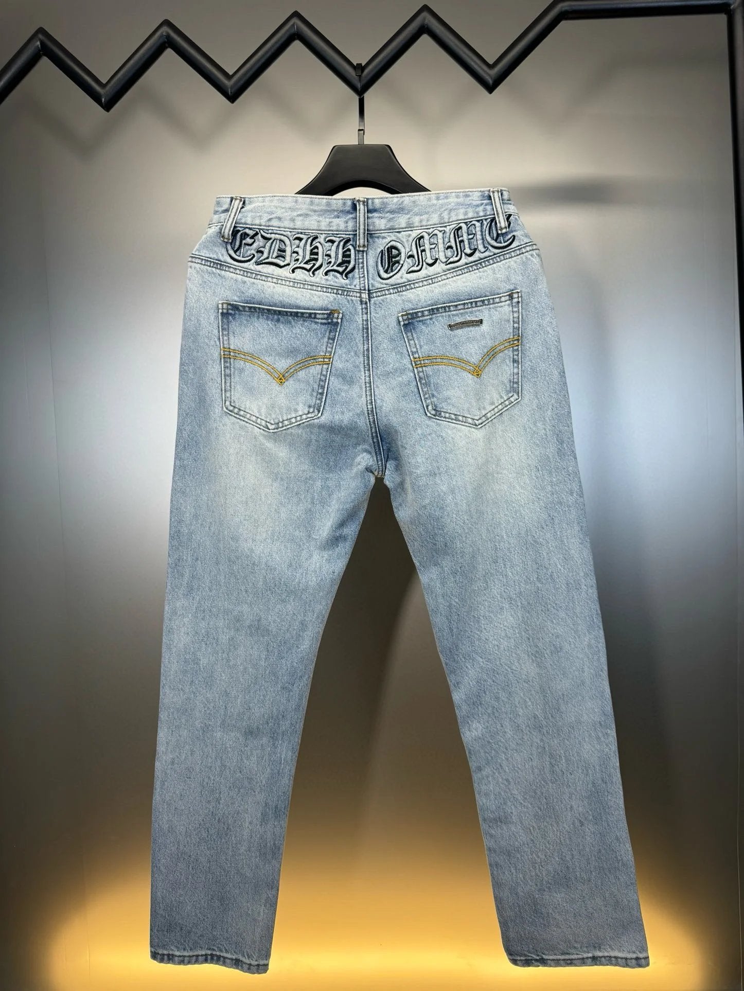 Chrome Hearts Jeans Sanskrit Alphabet Washed Blue Jeans Autumn Winter New Unisex Straight Long Pants Loose Casual Wide Leg High Waist