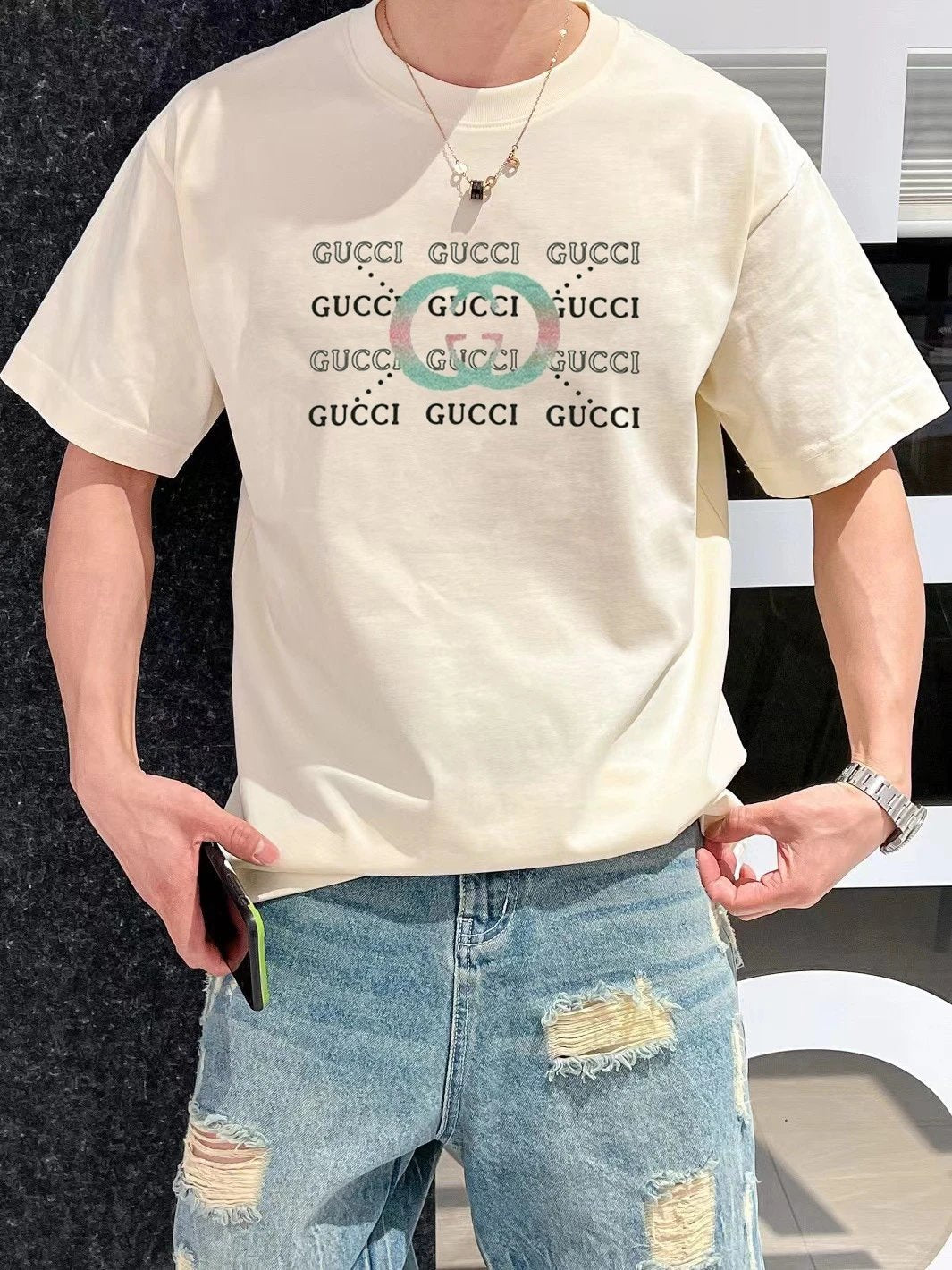 Gucci T-shirt Classic red and green G Wow Glue Thick Board logo round Neck Short Sleeve25ss New pure cotton T Unisex T-Shirt OS Loose Fit Base Shirt Top Half Sleeve T-Shirt