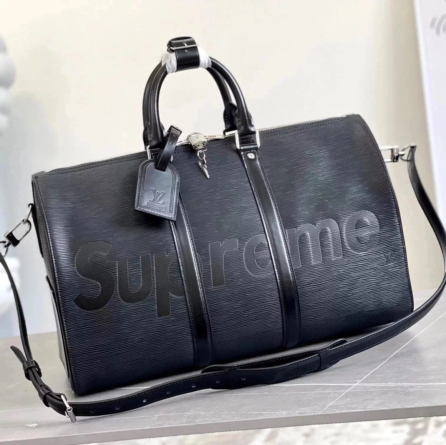 Louis Vuitton LV Travel Bag Top version Original Black supremekeepall45Travel Bag Travel Bag Luggage Bag Luggage Bag Imported Cowhide Water Ripple All-Steel Hardware Model M53419Size45×27x20