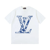 Louis Vuitton LV T-shirt Back Blue Floral Knit Letters logo round Neck Short Sleeve25ss New Pure Cotton Unisex Style T Casual T-Shirt Base Layer Shirt OS Loose Fit Half Sleeve Top Plus Size