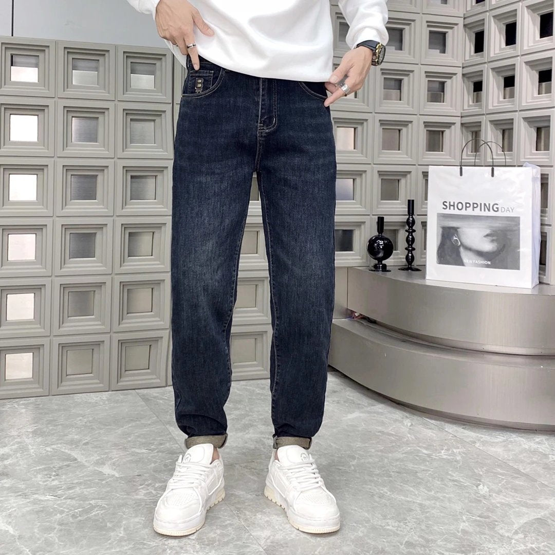 Balenciaga Jeans Golden Double B Back Waist Leather Tag logo Straight Washed Blue Jeans Autumn Winter New Unisex Loose Casual Wide Leg High Waist Pants