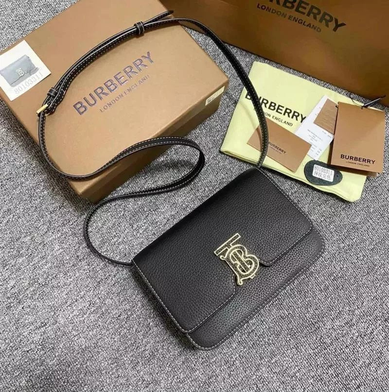 Burberry Women's Bag Top version Original Genuine Goods Leather TB Series Metal Lock Catch Bag Buckle Lychee Pattern Leather One-Shoulder Crossbody Women's Flap Bag Small Square Bag Sheepskin tb Bag