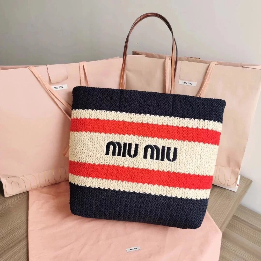 Miu Miu Bag Top version 【Original Custom】New Product Import Lafite Straw Woven Cotton Woven Tote Bag Beach Bag Shopping Bag Mother Bag Woven Bag5BG228The Only Pair of Quality Front Iconic Embroidery in the Market，Extra Light Capacity Super Large Mummy Bag