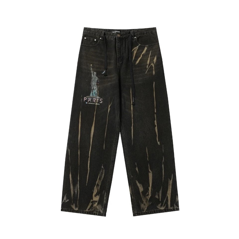 Balenciaga Jeans Freedom Goddess Black Heavy Washed Spray Fabric Tie Rope Wide Leg Jeans Straight Long Pants Unisex