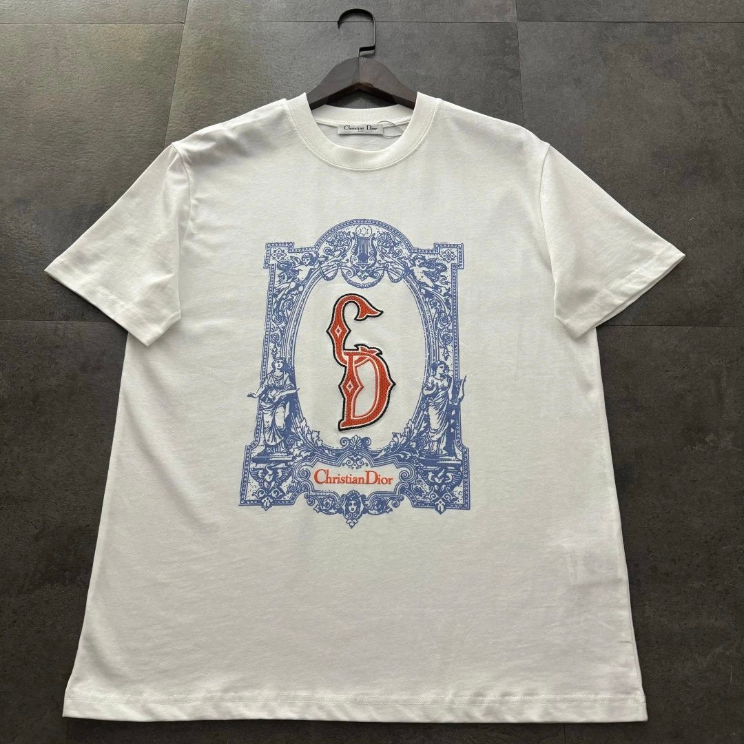 Dior T-shirt Hand-drawn Silhouette 3D Embroidery on the Chest logo round Neck Short Sleeve25ss New Pure Cotton Unisex Style T Casual T-Shirt Base Layer Shirt OS Loose Fit Half Sleeve Top Plus Size