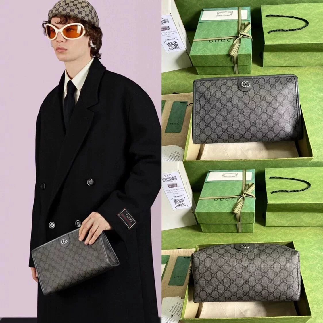 Gucci Women's Bag Top version 【Original Leather Highest Version】New2023New Men's Handbag Ophidia Series Interlocking Double G Clutch Wash Bag Storage Bag Cosmetic Bag Wash Box Bag New Color Gray572767598234