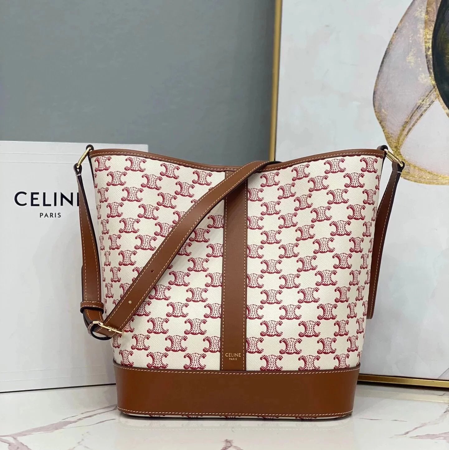 Celine women's bag Top version Home TriompheCanvas Arc De Triomphe Series Bucket Bag Vintage Presbyopic Bucket Bag canvas Bucket Bag Shoulder Crossbody Women's Bag Adjustable Shoulder Strap191442192132New Size Mini Version Retro Patterns100433