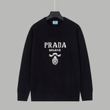 PRADA Sweater Round Neck Triangle Stitching Long Sleeve Pullover Thickened Lazy Style Sweater OS Loose Fit Knit Jacket Unisex