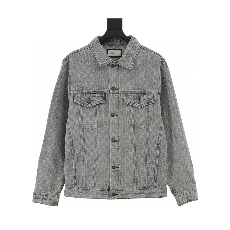 Gucci Jackets Full Printed Jacquard Washed Denim Jacket Coat Same Style for Men and Women