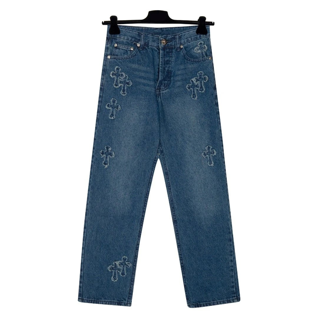 Chrome Hearts Jeans Front and Back Tassel Cross Patch logo25ss Spring Summer New Straight Loose Jeans Unisex Slim Fit Long Pants