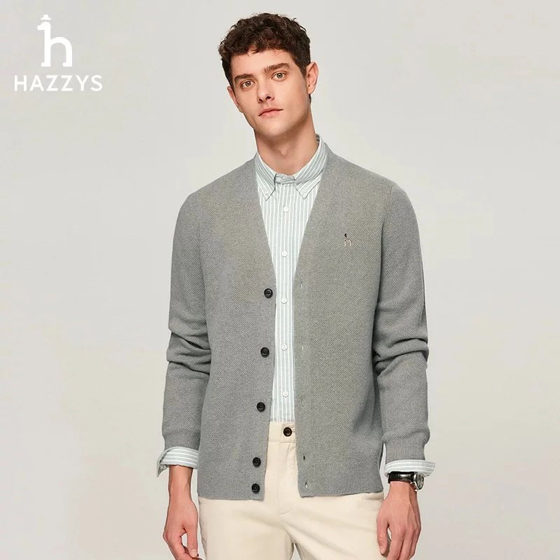 Hazzys Sweater Top Version Men's Clothing2024Winter New Fashion Simple v Collar Wool Knit Cardigan Sweater Coat