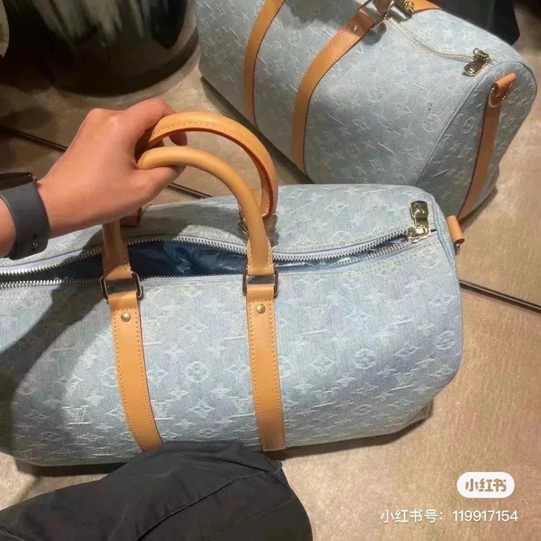Louis Vuitton LV Travel Bag Top version 【Original Leather】2024Spring and Summer New M25334Light Blue Tannin Denim Keepal45cm Handbag Travel Bag Luggage Bag Tannin Denim Travel Bag Men's Bag Handbag Crossbody Shoulder Bag