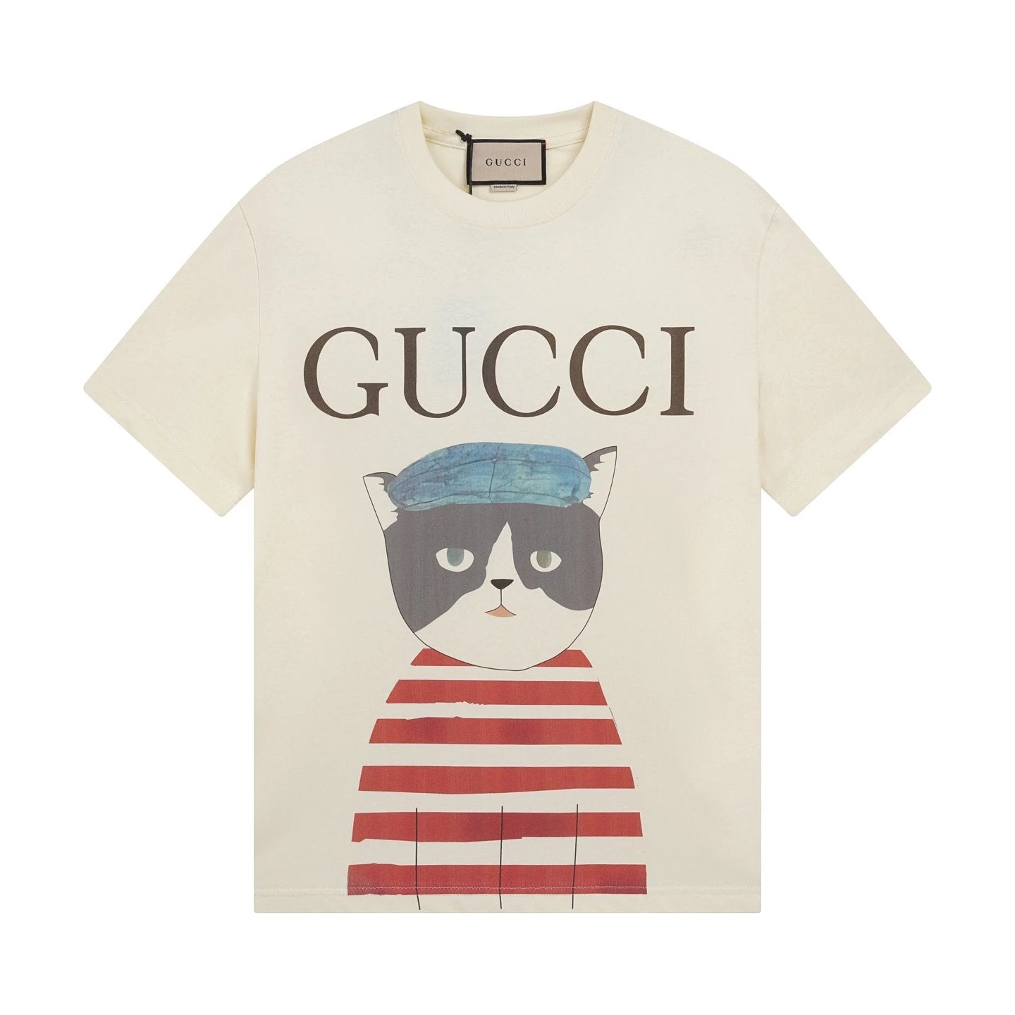 Gucci T-shirt Cat Print Sweater with Chest Opening logo round Neck Short Sleeve25ss New pure cotton T Unisex T-Shirt OS Loose Fit Base Shirt Top Half Sleeve T-Shirt