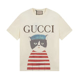 Gucci T-shirt Cat Print Sweater with Chest Opening logo round Neck Short Sleeve25ss New pure cotton T Unisex T-Shirt OS Loose Fit Base Shirt Top Half Sleeve T-Shirt