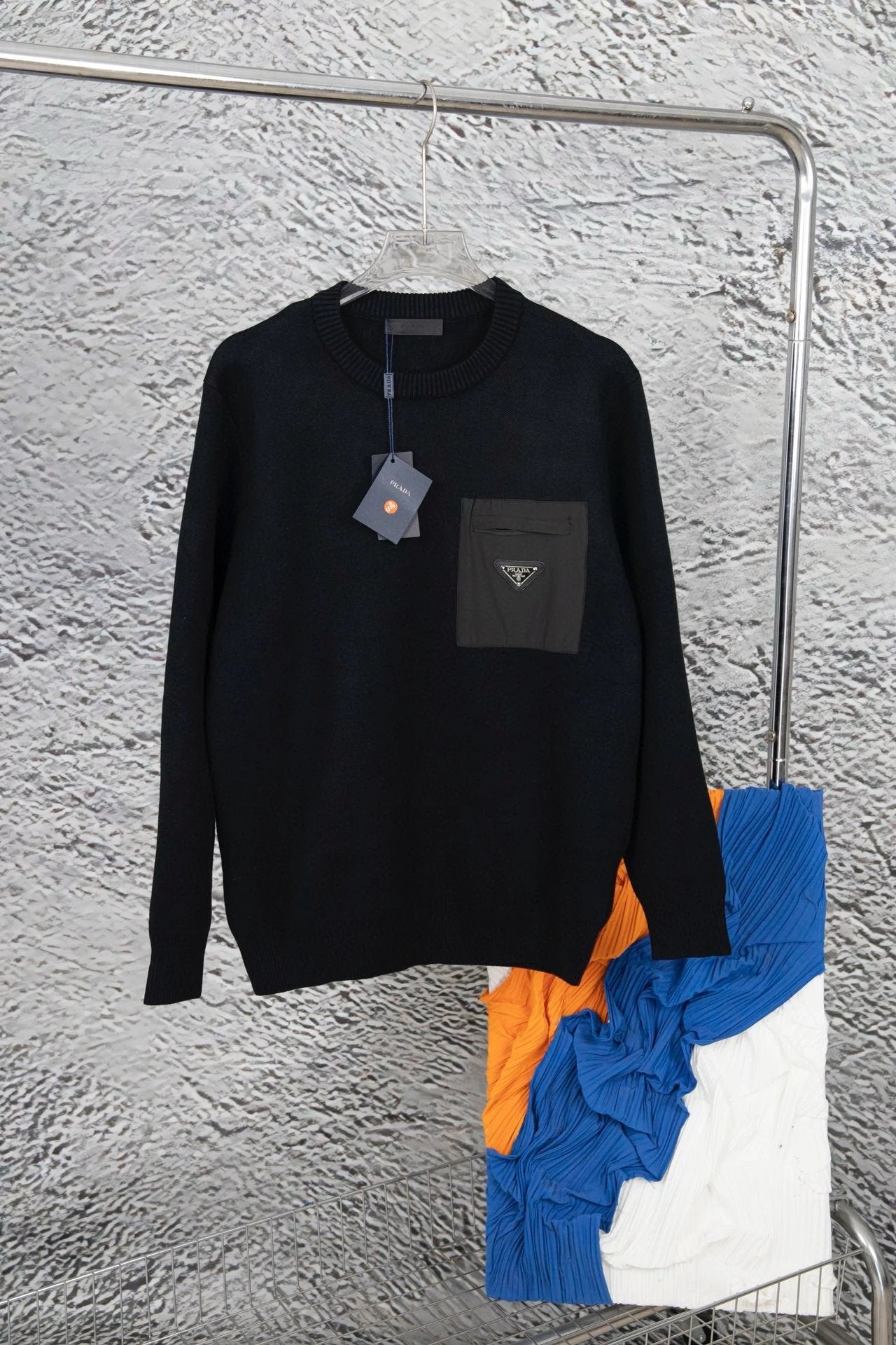 PRADA Sweater Triangle Logo Pocket Crew Neck Sweater with Extended Sleeves, Thickened Lazy Style, Unisex Loose Knit Top, Versatile Casual Wear for Both Inner and Outer Layering
