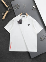 PRADA T-shirt Red Leather Strip Patchwork Embroidery at Hem logo round Neck Short Sleeve25ss New Pure Cotton Unisex Style T Casual T-Shirt Base Layer Shirt OS Loose Fit Half Sleeve Top Plus Size