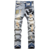 Amiri Jeans New Foreign Trade Style Fashion Blue with Holes Paste Cloth Embroidery Elastic Mid-Waist Feet Men's Jeans