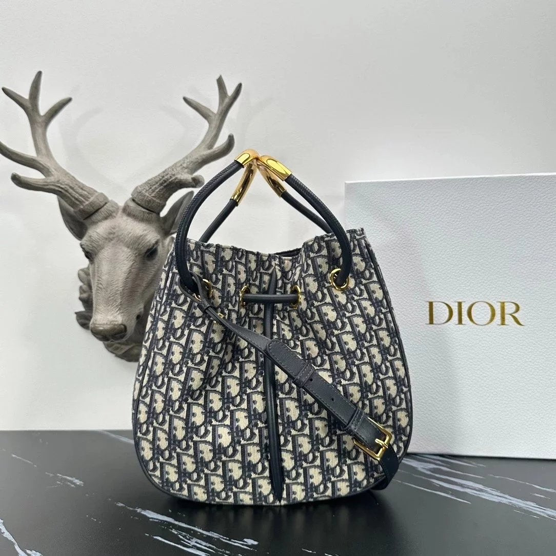 Dior Women's Bag Top version 【Grade Surrogate Shopping Original Factory】24Autumn and Winter New Presbyopic Blue Embroidery Nolita Series Medium Basket Bag Single Shoulder Crossbody Women's Bag