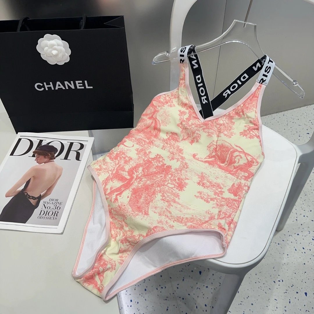 Dior Swimsuit Full Print Pattern Bikini One-Piece Swimsuit Sexy Small Chest Gathered Beach Pool Backless White Women's Swimwear Vacation Hot Spring
