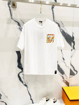 FENDI T-shirt Double-breasted F Colorful Embroidered Fake Pocket logo round Neck Short Sleeve25ss New pure cotton T Unisex T-Shirt OS Drop Shoulder Loose Fit Base Shirt Top T-Shirt Short Sleeve