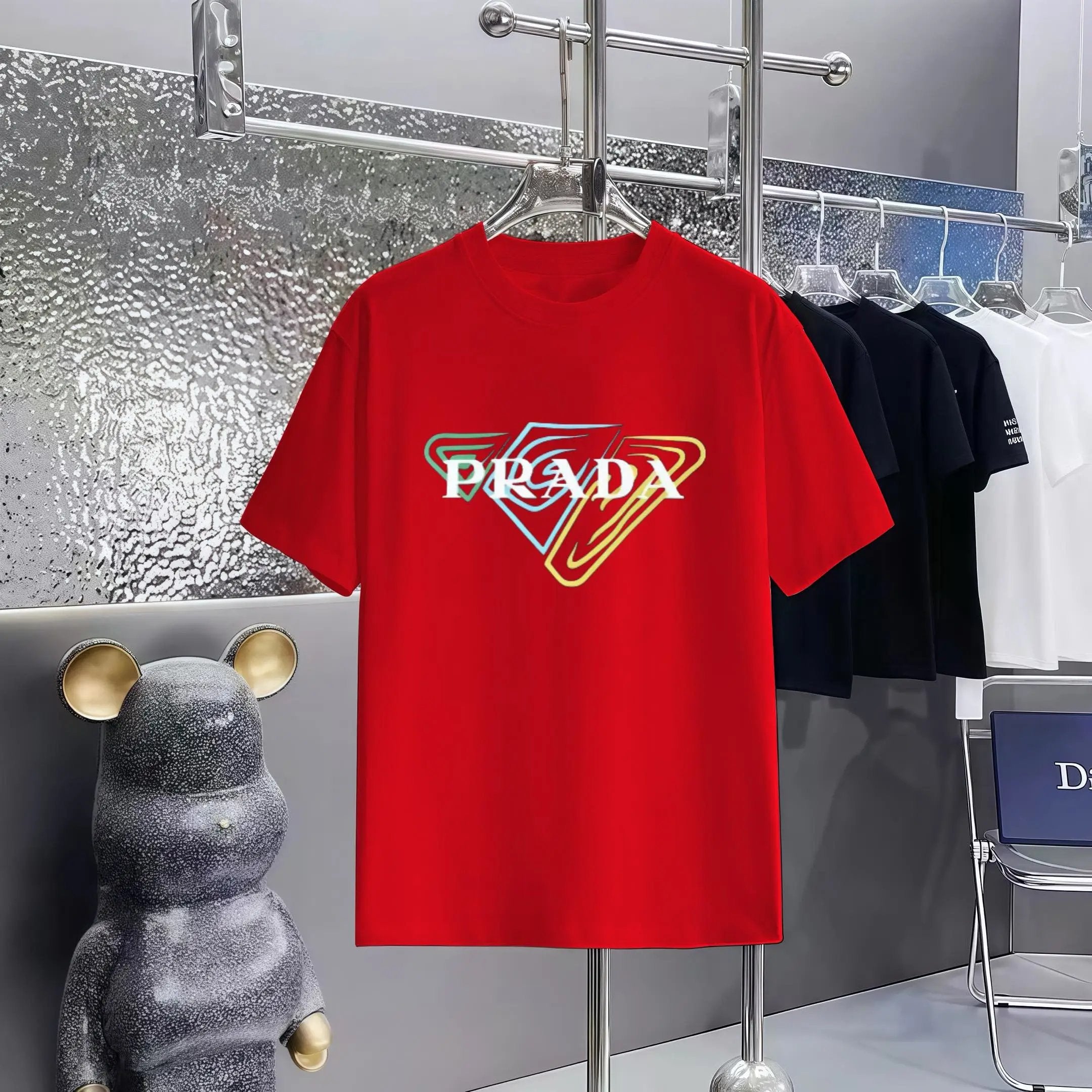 PRADA T-shirt Colorful Triangle Pattern Print on the Chest logo round Neck Short Sleeve25ss New Pure Cotton Unisex Style T T-shirt OS Loose Fit Base Shirt Half Sleeve T-Shirt Top Half Sleeve