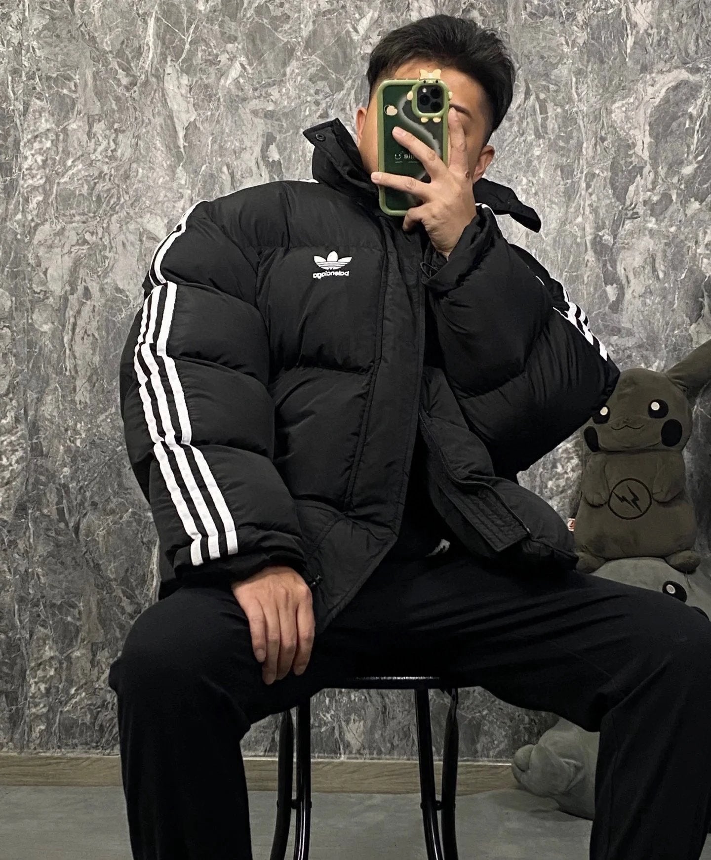 Balenciaga Down Jacket Collaboration Classic Runway Style Three-Stripe Logo Print Cocoon Loose Couple Stand Collar Cotton Jacket Unisex Coat