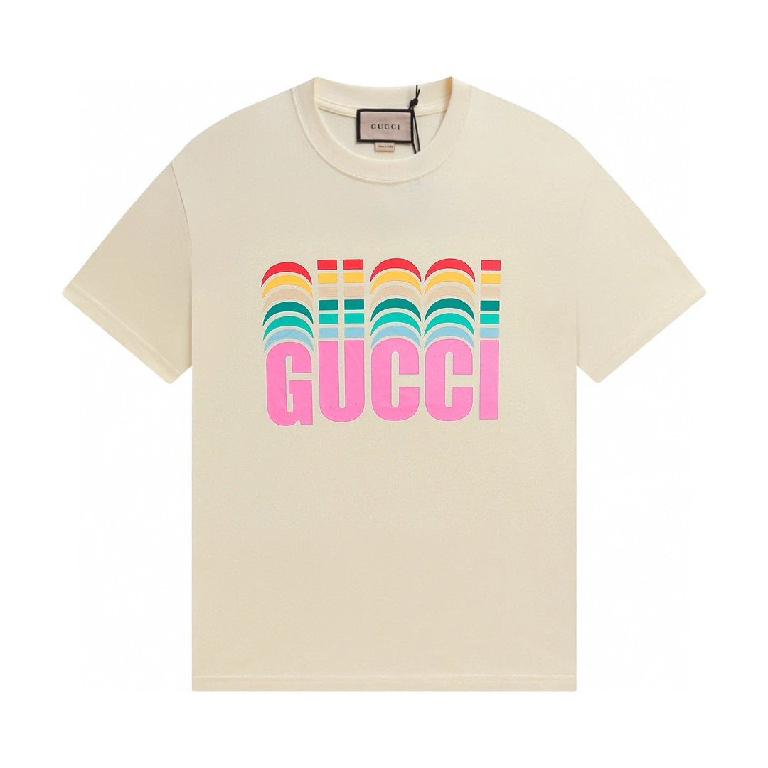 Gucci T-shirt Front Chest Shadow Colorful Letter Print logo round Neck Short Sleeve25ss New pure cotton T Unisex T-Shirt OS Loose Fit Base Shirt Top Half Sleeve T-Shirt