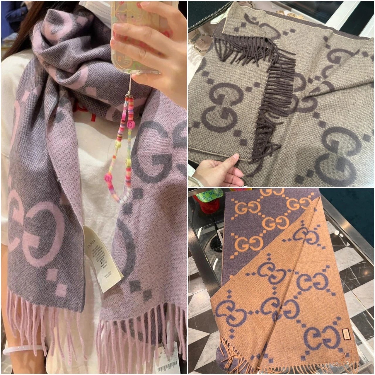 Gucci Scarf Autumn and Winter New Light Color Classic Full Printed Large logo Tassel Cashmere Wool Scarf