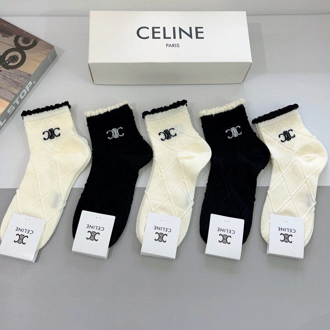 Celine Sock 【a Box5Double】Classic Pair C Letters logo Breathable and Stylish Pure Cotton Mid-Calf Socks25ss New Cotton Socks Spring Summer Autumn Sports Casual Versatile Business Thin Deodorant Sweat-Absorbing