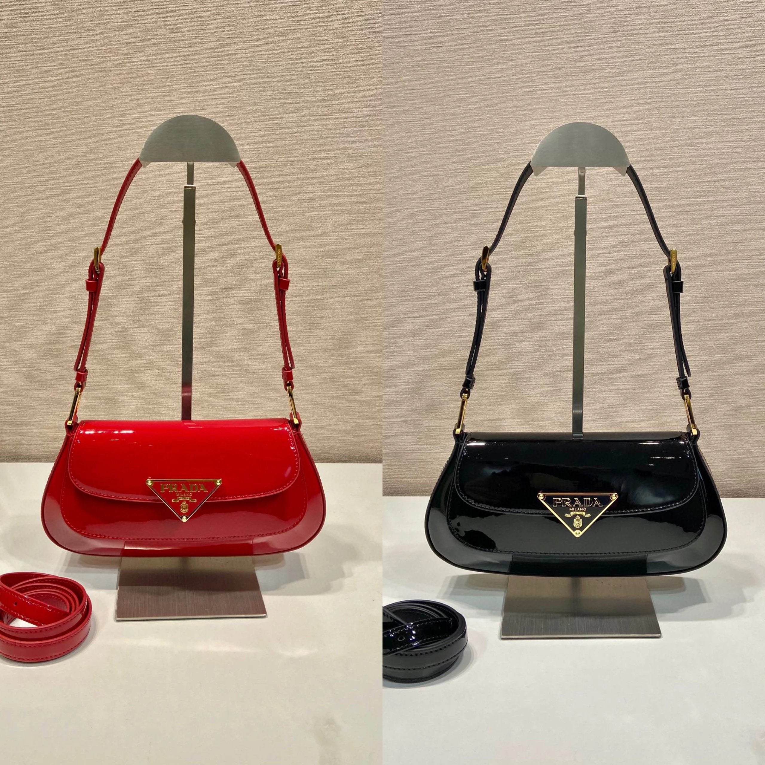 PRADA Bag Top version Version Latest Enamel Triangle Metal Logo Badge Patent Leather Underarm Bag Calfskin Chain Bag Crossbody Bag Shoulder Bag Underarm Bag Handbag Women's Bag1BD345