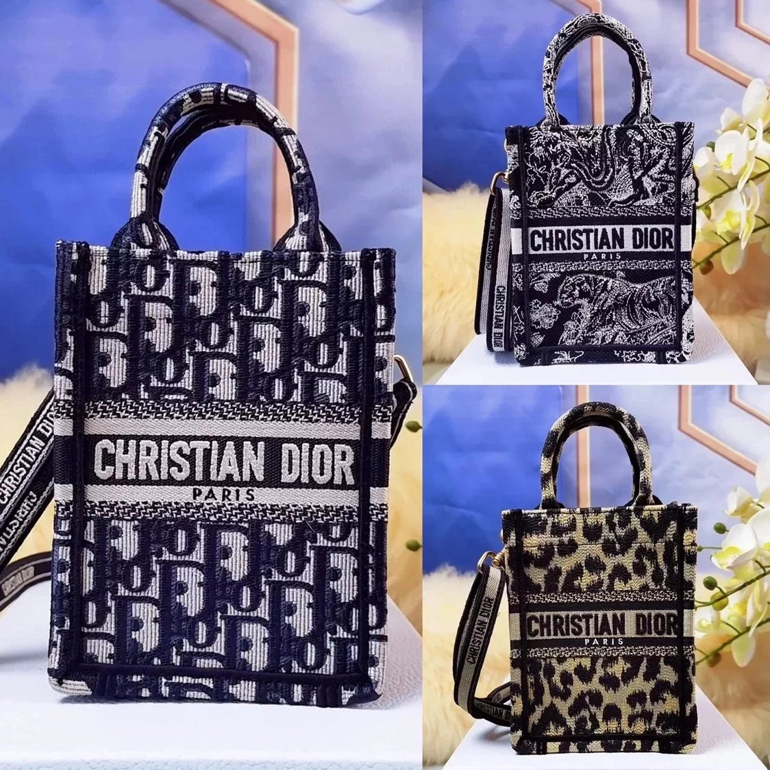 Dior Women's Bag Top version 2022New Surrogate Shopping Grade Booktotemini Latest Vertical Mini Tote Bag Vintage Presbyopic Blue Embroidered Tiger Zoo Leopard Print Shopping Bag Shoulder Messenger Handbag Women's Bag