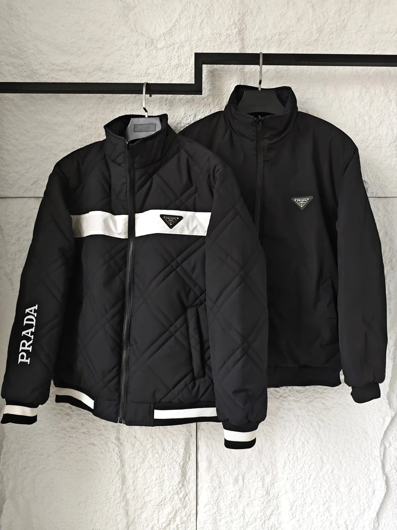 PRADA Jackets Triangle Logo Stand Collar Reversible Cotton Jacket with Arm Letter Embroidery Thickened Coat Warm Unisex