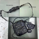 Balenciaga Bag Top version 【Original Leather】New Motorcycle Bag Jay Chou Same Style Hot Motorcycle Bag Men's Small Messenger Bag Rivet Bag Mobile Phone Bag Camera Bag Shoulder Bag Comes with Small Ornaments and Card Bag Men's and Women's Bags Storage Bag