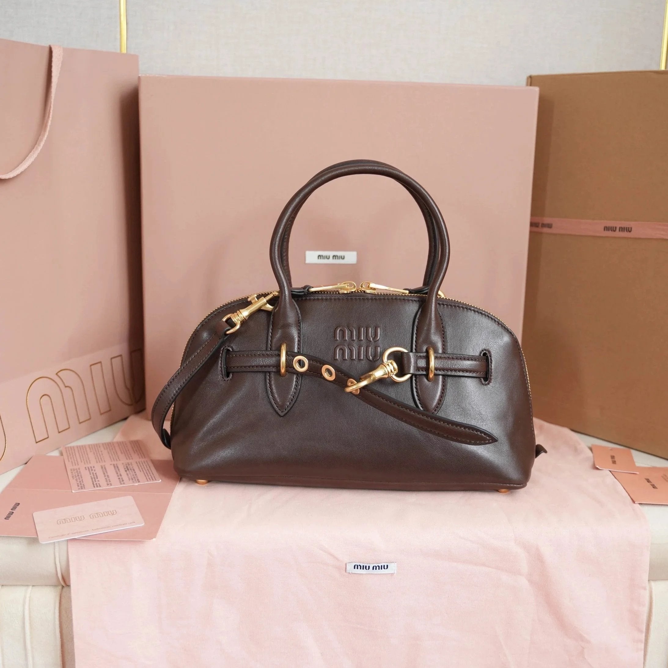 Miu Miu Bag Top version 【Highest Version Original Leather】Home Autumn and Winter New Product Best-Selling Bowling Bag Vintage Flocking Soft Sheepskin Vintage Frosted Distressed Metal Accessories AventureNappa Leather Handbag Dumpling Bag Hobos Small Size