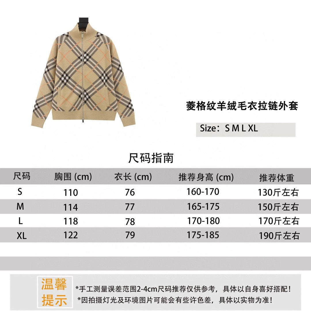 Burberry Jackets Diamond Plaid Cashmere Sweater Zipper Coat for Men and Women