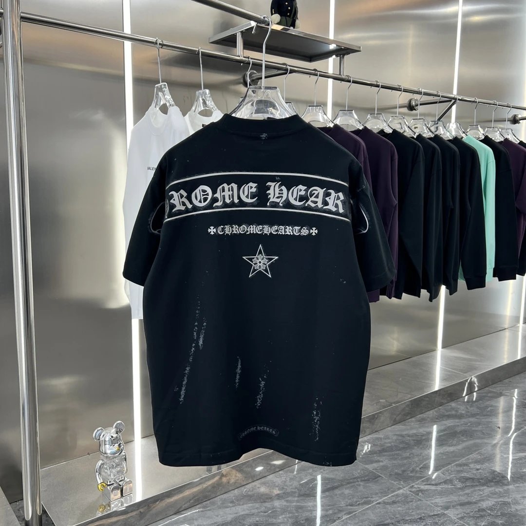 Chrome Hearts T-shirt 3D Silicone Horseshoe logo Round Neck Short Sleeve Pure Cotton Unisex T Shirt Bottoming Shirt OS Loose Fit T-Shirt