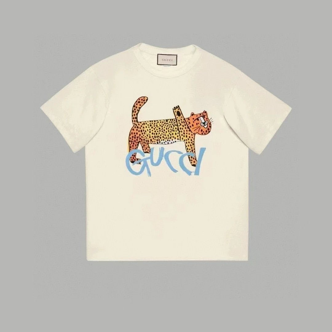 Gucci T-shirt Front Small Leopard Print logo round Neck Short Sleeve25ss New pure cotton T Unisex T-Shirt OS Loose Fit Base Shirt Top Half Sleeve T-Shirt